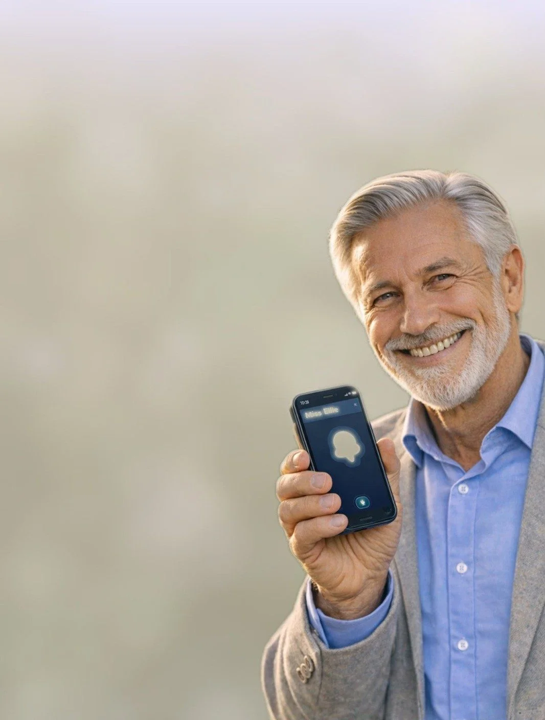 Senior mit Smartphone als ergänzende Szene in der Sprechbox