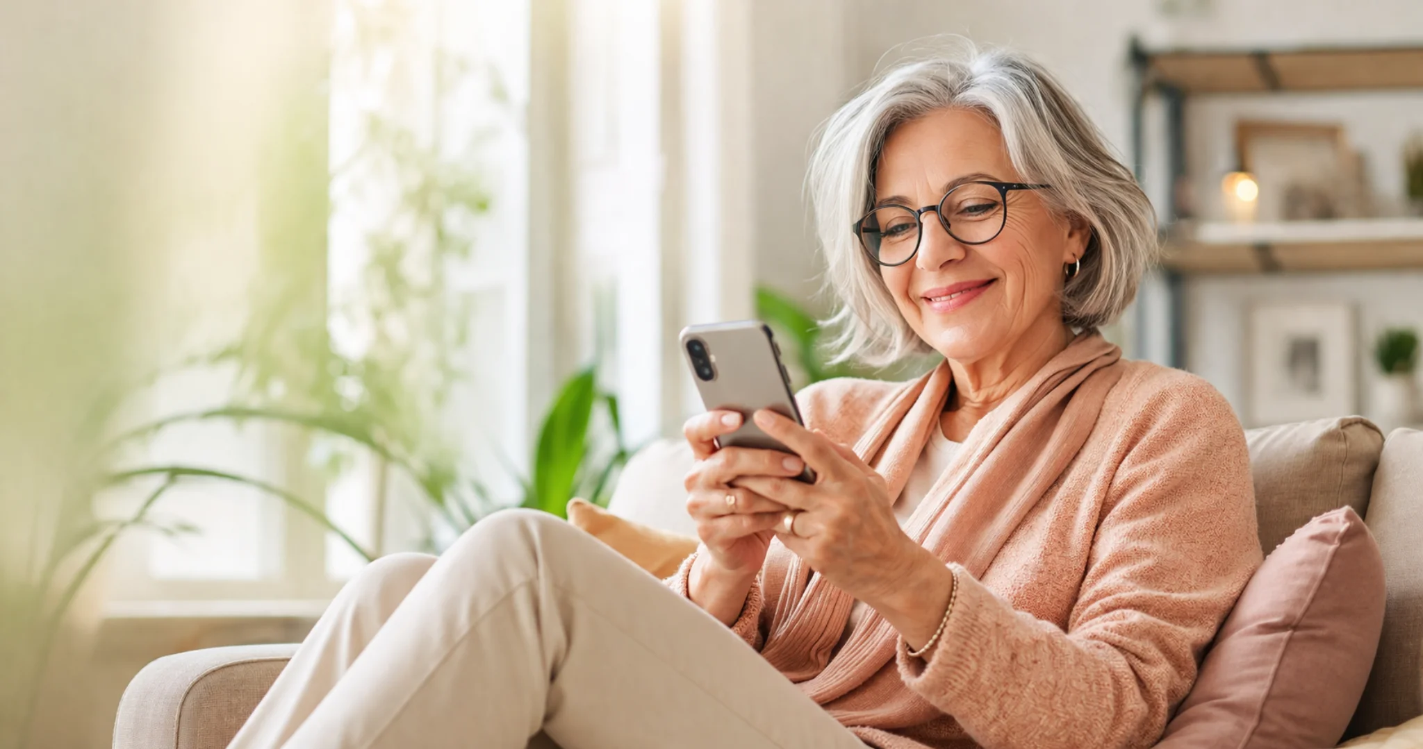 Seniorin mit Smartphone in gemütlicher Umgebung