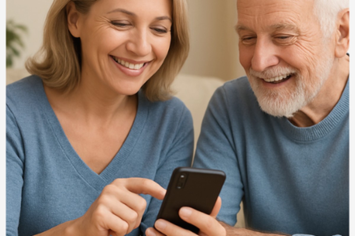 Angehörige unterstützen gemeinsam am Smartphone